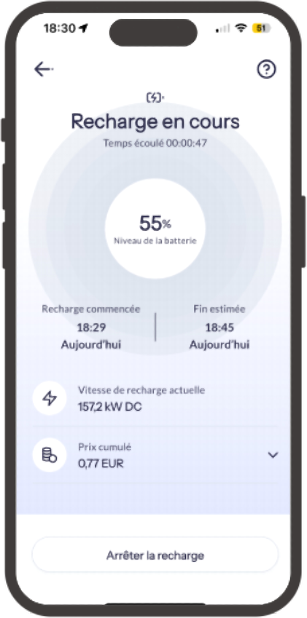 App OZECAR One : recharge en cours sur iPhone